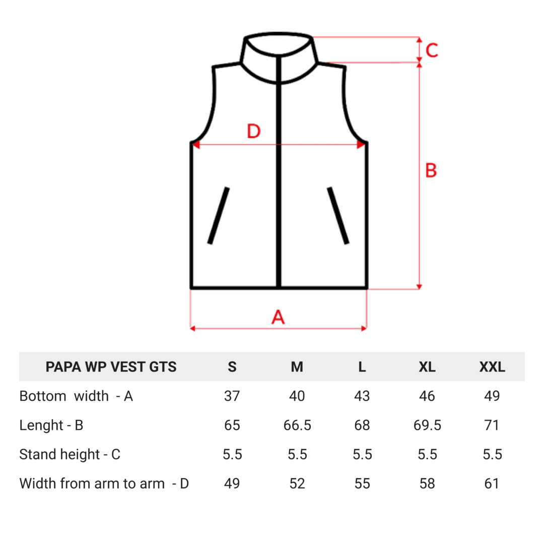 Papa wp Vest size chart